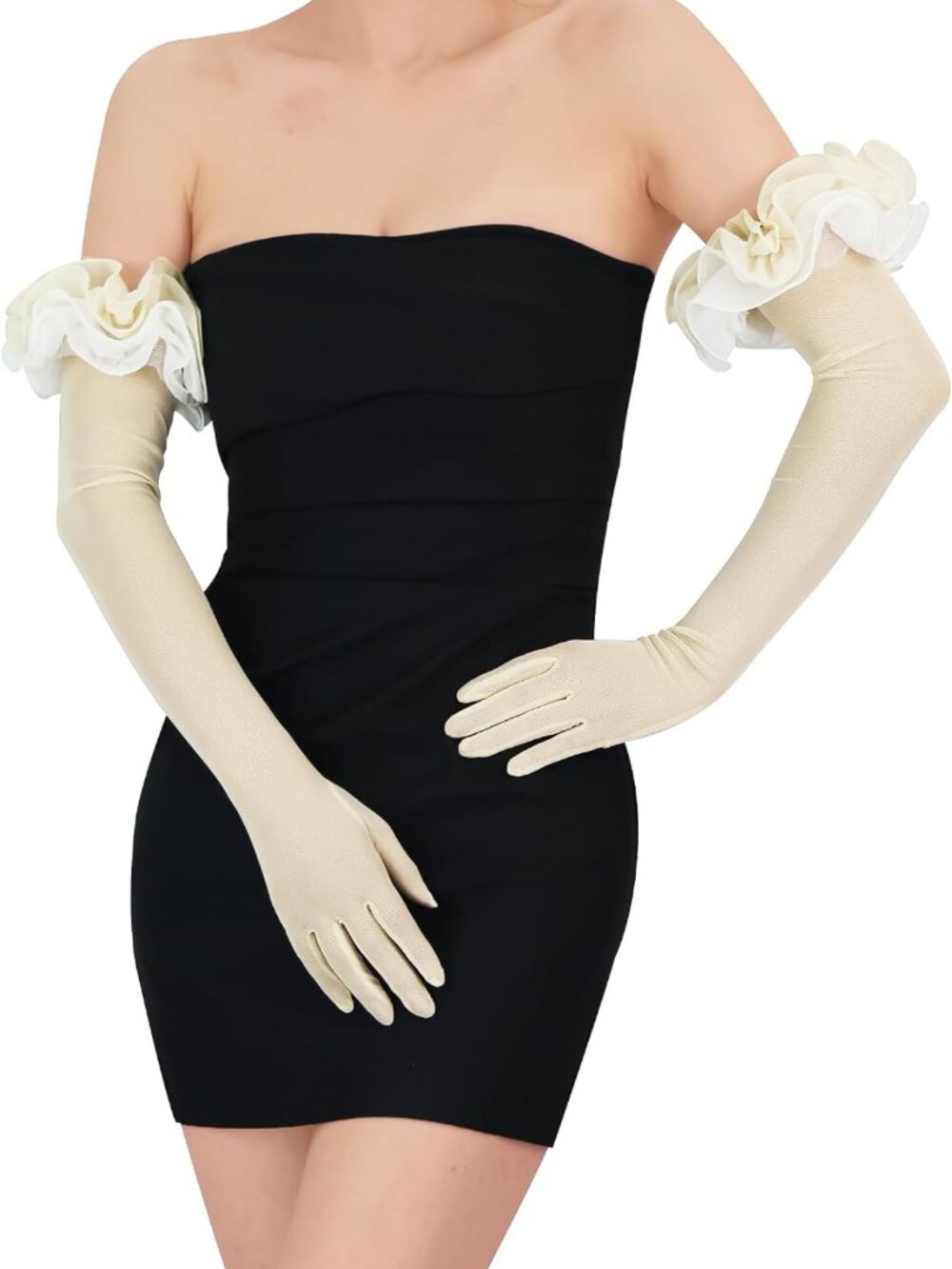 Elegant Women's Sheer Mesh Tulle Opera Gloves with Floral Ruffles - Stretchy Fit